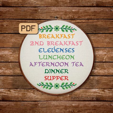 Hobbit Meals, Hobbit Food, Kitchen Embroidery Designs, Geeky Cross Stitch, Funny Embroidery, Embroidery Hoop Wall Art, Xstitch Patterns, Subversive Cross Stitch, Quick Stitch