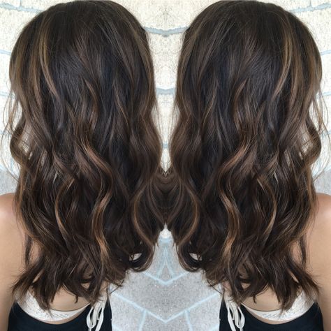 Dark Brown Hair With Partial Caramel Highlights, Brown Partial Highlights, Caramel Partial Highlights, Caramel Highlights On Black Hair, Highlights Underneath Hair, Gold Balayage, Highlights For Dark Brown Hair, Brown Wavy Hair, Puffy Hair