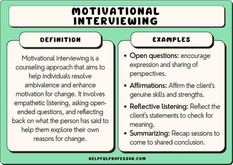 Motivational interviewing is a therapeutic approach from counseling and psychology that aims to enhance a client’s intrinsic motivation. The four key principles of motivational interviewing are remembered through the acronym RULE (Haque & D'Souza, 2019): Motivational Interviewing Activities, Motivational Interviewing Cheat Sheet, Motivational Interviewing Questions, Nce Study, Interviewing Questions, Motivational Interviewing Techniques, Phoenix Flying, Motivation Activities, Reflective Listening