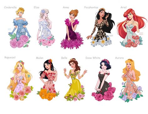 Disney Princesses in floral dresses and flower crowns - YouLoveIt.com Princess Cartoon Character, Disney Princess Dresses Cartoon, Disney Flowers Drawing, Disney Princess Flowers, Disney Girl Character, Princess Dresses Drawing, Disney Princess Crowns, Flower Dress Drawing, Disney Girl Characters