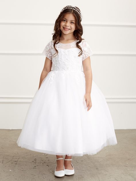 Kids Flower Girl Dresses, Girls Communion Dresses, Girls Ball Gown, Tea Length Skirt, Floral Lace Shorts, First Communion Dress, White Flower Girl Dresses, First Communion Dresses, Girls Pageant Dresses