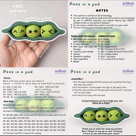 Crochet Tutorial Pattern, Quick Crochet Patterns, Cute Miniature, Mode Crochet, Pola Amigurumi, Peas In A Pod, Crochet Business, Crochet Design Pattern, Crochet Food