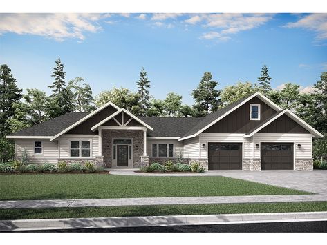 051H-0411: One-Story Craftsman House Plan with Split Bedrooms and Open Living Spaces; 1987 sf Vaulted Front Porch, Craftsman Ranch House Plans, One Level House Plans, Cozy Seating Area, Craftsman Ranch, Vaulted Great Room, Large Pantry, Modern Craftsman, L Shaped Kitchen