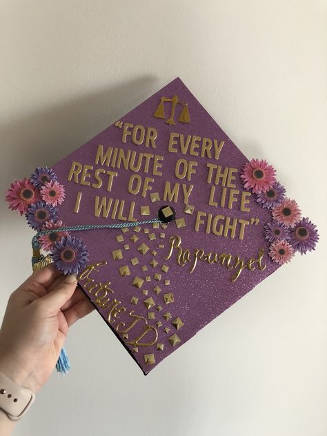 Kdrama Graduation Cap, Repunzle Graduation Cap, Tangled Inspired Graduation Cap, Tangle Graduation Cap, Rapunzel Graduation Cap Ideas, Graduation Cap Designs Law School, Next Stop Law School Grad Cap, Graduation Cap Designs Disney Princess, Graduation Cap Designs Rapunzel