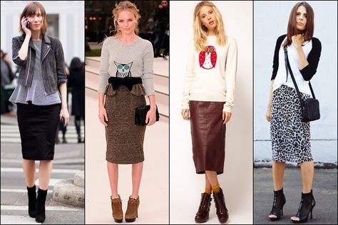 How to Wear Boots in Various Styles and Heights (Ankle Boots) | Gorgeautiful.com Booties With Skirt, Ankle Boots Skirt, How To Wear Flannels, How To Wear Ankle Boots, Pencil Skirt Casual, Boots Outfit Ankle, Booties Outfit, Pencil Skirt Outfits, Boating Outfit