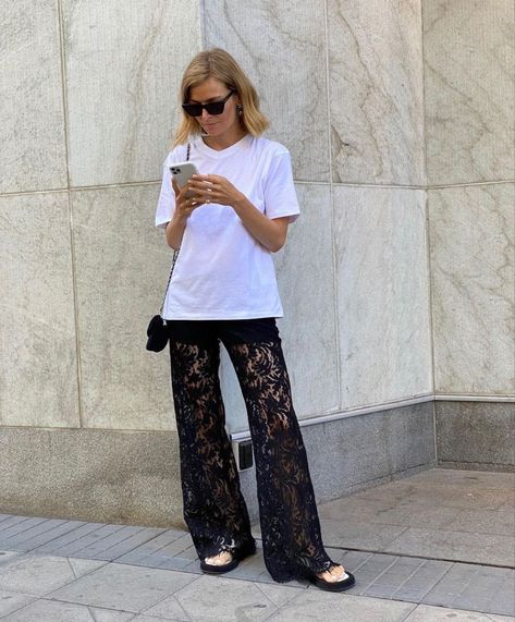 Black Lace Trousers Outfit, Lace Trousers Outfit, Lace Outfit Aesthetic, Sheer Pants Outfit, Lace Pants Outfit, Runway Fashion Outfits, Pride 2024, Black Lace Pants, Lace Outfits