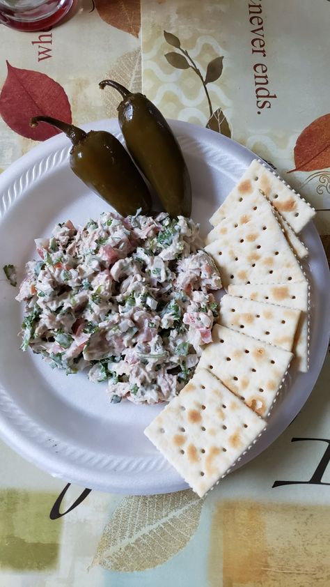 Tuna salad with crackers and Jalapeños 😋 Tuna Salad For Crackers, Tuna Salad With Crackers, Tuna Salad Pickles, Tuna Salad On Crackers, Tuna And Crackers, Tuna Salad With Sweet Relish, Tuna Salad, Crackers, Salad