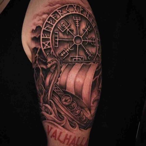 Viking Ship Tattoo Design, Ship Tattoo Ideas, Viking Ship Tattoo, Viking Tattoo Sleeve, Tattoo World, Norse Tattoo, Nordic Tattoo, Ship Tattoo, Viking Ship