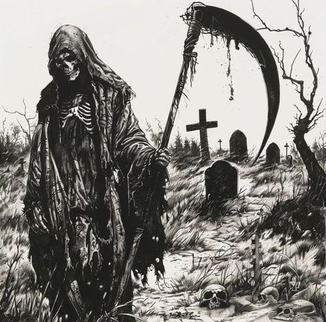 Damned Souls Art, Occult Art Dark, Grim Reaper Skeleton, Grim Reaper Drawing, Reaper Drawing, Metal Drawing, Grim Reaper Tattoo, Grim Reaper Art, Skull Art Drawing