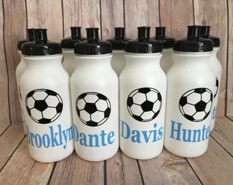 Sports Themed Party Favors, Soccer Water Bottles, Soccer Party Decorations, Soccer Banquet, Soccer Party Favors, Soccer Theme Parties, White Water Bottle, Soccer Birthday Parties, Soccer Bag