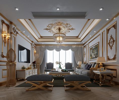 Iraq Living Room Design, Tuna Tuysuz on ArtStation at https://www.artstation.com/artwork/rRPJzL Royal Drawing Room, Royal House Interior, Drawing Room Ideas, Royal Drawing, Royal Bedroom, Interior Ceiling Design, House Ceiling Design, Boss Office, Beautiful Houses Interior