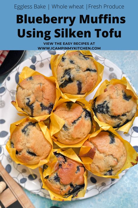 Blueberry Muffin | Eggless | Using Silken Tofu Silken Tofu Muffins, Silken Tofu Breakfast, Tofu Muffins, Tofu Desserts, Eggless Blueberry Muffins, Breakfast Tofu, Silken Tofu Recipes, Whole Wheat Blueberry Muffins, Tofu Dessert