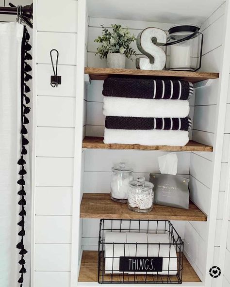 24 Bathroom Towel Shelf Ideas for Extra Storage Closet In Bathroom, Bathroom Closet Designs, Bathroom Towel Shelf, Bathroom Linen Closet, Bathroom Shelves For Towels, Deep Closet, Open Bathroom, White Shiplap Wall, Towel Shelf