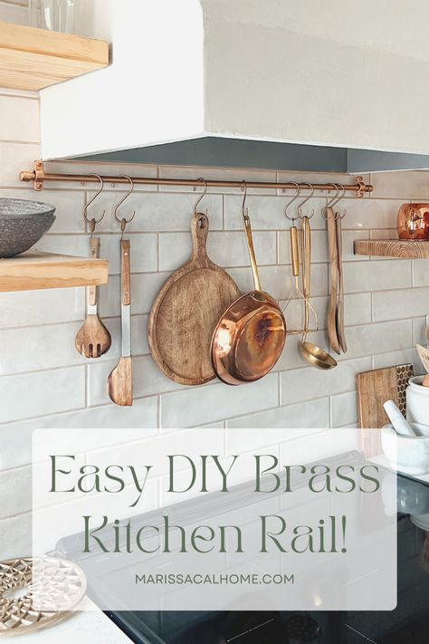 Make your own brass kitchen rail to hang your pots or utensils. This DIY is easier than it looks! Kitchen Hanging Organization, Spatula Hanging Ideas, Railing In Kitchen, Rod With Hooks Kitchen, Kitchen Backsplash Hanging Rod, Hanging Kitchen Utensils On Wall, Kitchen Utensil Hanging Ideas, Hanging Pot Rack Over Stove, Pot Rail Behind Stove