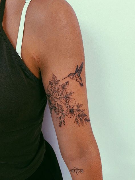 Flowers On Upper Arm Tattoo, Hummingbird And Marigold Tattoo, Hummingbirds And Flowers Tattoo, Hummingbird Wrap Around Tattoo, Upper Arm Wrap Tattoos For Women, Hummingbird With Flower Tattoo, Women Upper Arm Tattoo, Upper Arm Flower Tattoo, Upper Arm Sleeve Tattoo Women