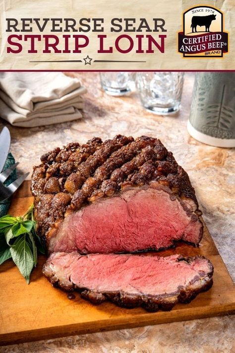 Reverse Sear Caramelized Crusted Strip Loin is both easy to make and DELICIOUS! Certified Angus Beef ®️️️️️️️ brand New York strip roast is seasoned with paprika, brown sugar, vinegar, garlic and onion and then cooked to juicy perfection in this beef dinner recipe. Serve with your favorite sides and enjoy! #certifiedangusbeef #bestangusbeef #beefrecipe #comfortfood #roasts #roastrecipe #dinnerrecipe Strip Loin Roast Recipes Slow Cooker, Top Loin Roast Recipe Beef, New York Strip Roast How To Cook, Strip Loin Roast Recipes Oven, Ny Strip Roast Recipes, New York Strip Roast Recipes, Strip Loin Roast Recipes, Sides For Roast Beef, Ny Strip Roast