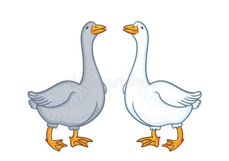 Two geese white and gray, cartoon funny goose isolated on white background, goose domestic nature character, poultry royalty free illustration Cartoon Goose Drawing, Geese Cartoon, Geese Drawing, August Drawings, Geese Illustration, Goose Cartoon, Goose Illustration, Cartoon Goose, Goose Drawing