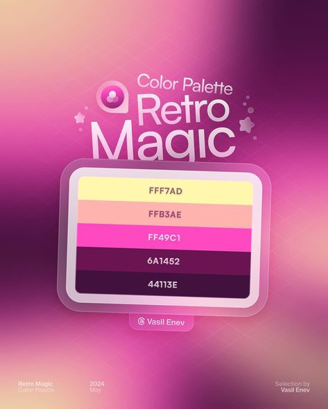 🔮 Retro Magic • Color Palette The #Gradient is made with tons of love. Sharing each of the 🎟️ Color Tickets with the representative color codes. You are free to pick a swatch and let me know what it reminds you of! Make sure to comment or dm me with questions! 🫶🏻 All the mesh gradients from the collection will be up to grab on my links! 🔮 • #stunninggradients #colorpalette #designinspiration #gradient #gradients #color #colors #palette #graphicdesign #graphicdesigner #dotuiux #uiux #ui #w... Loud Color Palette, Event Color Palette, โค้ดสี Goodnote, Color Code Palette, Canva Color Codes, Magical Color Palette, Gradient Colour Palette, Color Palette Code, Magic Color Palette