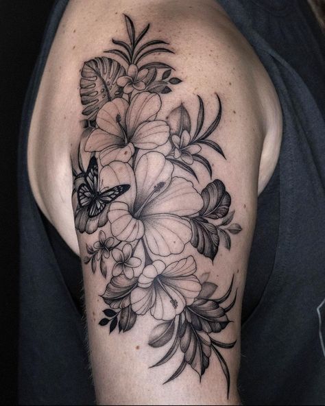 Realism Hibiscus Tattoo, Florida Flowers Tattoo, Tropical Butterfly Tattoo, Orchid Bouquet Tattoo, Colombia Tattoo, Cool Animal Tattoos, Orchid Tattoos, Tropical Flower Tattoos, Hibiscus Flower Tattoos