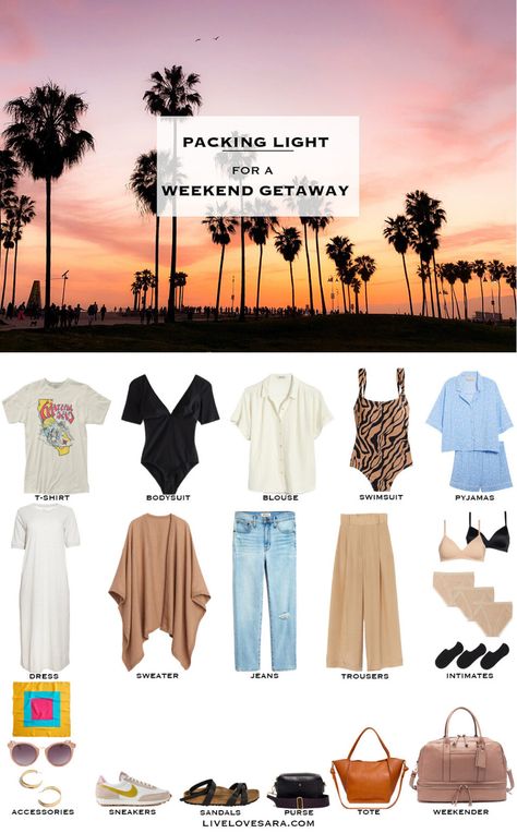 Pack Light For Travel Summer, Weekend Trip Outfits, Weekend Getaway Packing List, Long Weekend Packing, Weekend Trip Packing List, Weekend Trip Packing, Weekend Packing List, Weekend Getaway Outfits, Summer Packing Lists