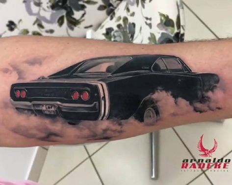 Car Tattoo Ideas Women, R34 Tattoo Ideas, Vintage Car Tattoo Design, Dodge Charger Tattoo, Dodge Challenger Tattoo, Car Tattoo Sleeve, Challenger Tattoo, Muscle Car Tattoo, Dodge Tattoo