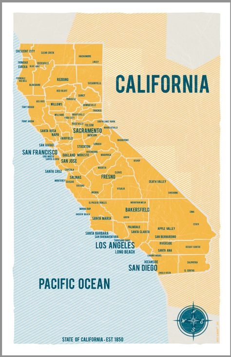 State of California Map Poster in Yellow Vintage by VassiSlavova Shrimp Bisque, Vintage Style Poster, State Of California, Michael Ealy, Grants Pass, San Ysidro, California Map, California Love, California Dreamin'