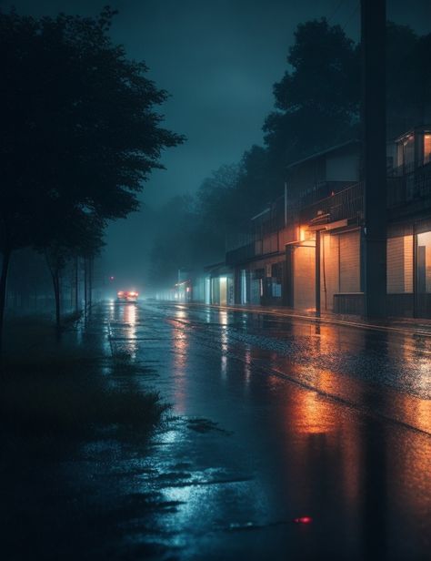 Rainy Street Painting, Rain Street Night, Nature Rain Wallpaper, Empty Street Night, Rainy Night Street, Rainy City Night, Night Rain Aesthetic, Rainy Night Aesthetic, Nostalgic Paintings