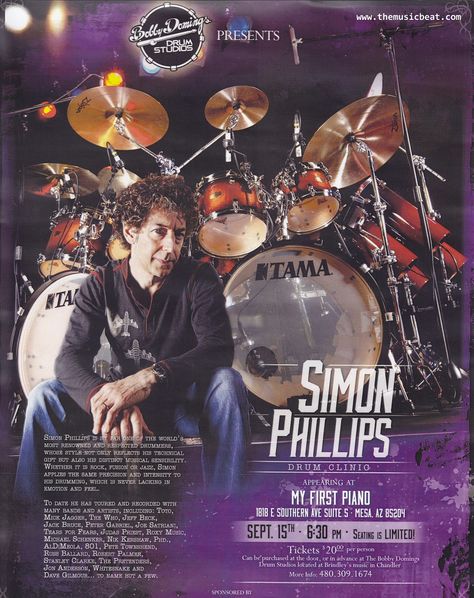 World famous drummer Simon Phillips drum clinic poster.   www.themusicbeat.com Simon Phillips, Jack Bruce, Joe Satriani, Peter Gabriel, Mick Jagger, World Famous, Drum Set, Vintage Drums, Drum Kits