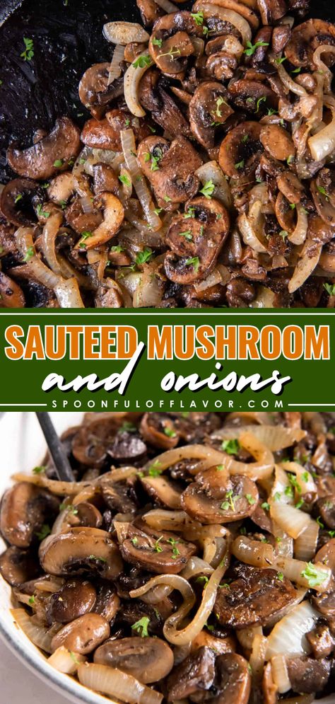 Learn how to make perfectly Sautéed Mushrooms and Onions for steaks, burgers, and just about anything else! This summer bbq side dish recipe also makes the best 4th of July recipe. Save this pin! Sauteed Onions And Mushrooms, Mushroom And Onions For Steak, Saute Mushrooms And Onions, Mushroom And Onions Sauteed, Spinach Mushroom Onion Saute, Onions Mushrooms Sautee, Bbq Side Dish Recipes, Summer Bbq Side Dishes, Gluten Free Sides