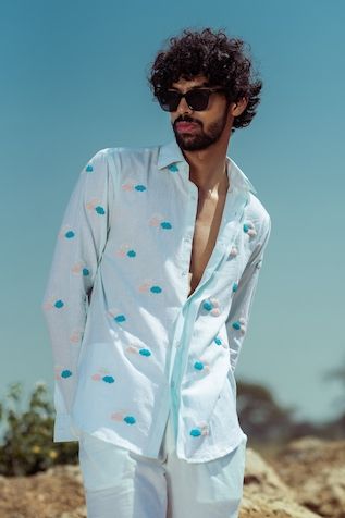 Buy Blue Cotton Linen Embroidered Cutdana Omelette Placement Shirt For Men by Runit Gupta Online at Aza Fashions. Runit Gupta, Denim Menswear, Shirts Embroidery, Printed Linen Fabric, Trendy Shirt Designs, Couture Embroidery, Linen Shirt Men, Linen Color, Shirt Embroidery