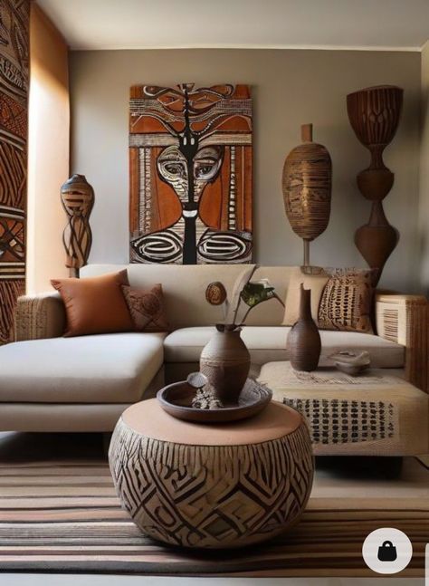 African-inspired Living Room Decor Ideas, Afrofuturistic Interior Design, African Themed Decor, Afro Bohemian Living Room, African House Interior, Ghana Furniture, Afrobohemian Home Decor, Nigerian Interior Design, African Boho Living Room