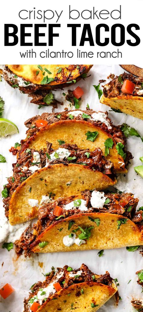 Crispy Baked Shredded Beef Tacos (crockpot, oven, stove or instant pot) Shredded Beef Street Tacos, Beef Tacos Crockpot, Shredded Beef Tacos Crockpot, Barrio Tacos, Crockpot Beef Tacos, Cilantro Lime Ranch, Tacos Crockpot, Crockpot Mexican, Shredded Beef Tacos