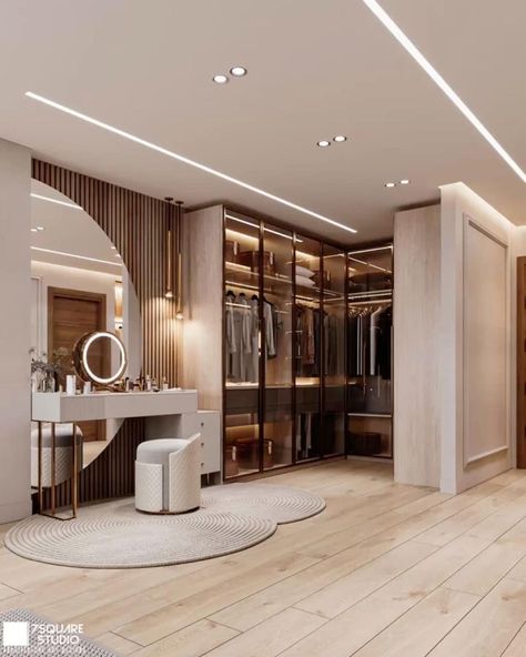 Modern Luxury Walk In Wardrobe, Dressing Corner Ideas, Luxury Walk In Closet With Vanity, Luxury Closet With Makeup Vanity, Classic Dressing Room Design, Walking Closet Classic Modern, Luxury Wardrobe With Dressing Table, Dressing Room Decor, Stylish Bedroom Design