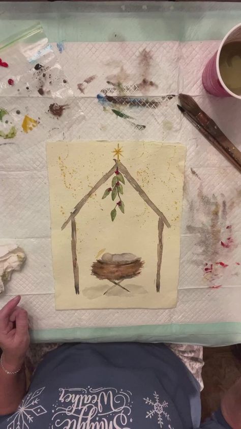 Join me for WATERCOLOR WEDNESDAY ! Let’s paint a simple Nativity ♥️ | By The Vintage Pebble | Facebook Simple Watercolor Nativity Scene, Simple Nativity Watercolor, Easy Nativity Painting, Simple Nativity Painting, Nativity Paintings, Nativity Watercolor, Watercolor Nativity, Lds Christmas, Simple Nativity