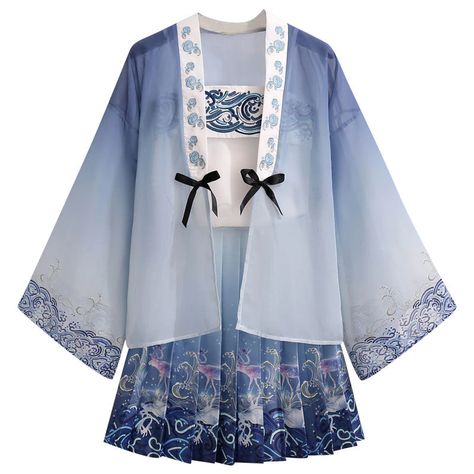 Chinese Clothing Modern, Modern Chinese Dress, Hanfu Girl, Short Summer Skirts, Summer Dressing, Modern Hanfu, Blue Kimono, Blue Summer Dresses, Chinese Hanfu