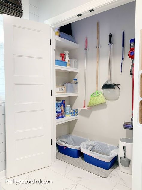 Cat Litter Closet, Mud Room Makeover, Wall Drying Rack, Mudroom Closet, Mudroom Laundry, Utility Closet, Thrifty Diy, Thrifty Decor Chick, Basement Storage