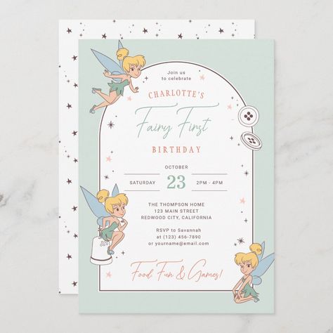 Disney's Tinker Bell | Fairy First Birthday Invitation Disney First Birthday, Tinker Bell Birthday, Tinkerbell Invitations, Tinkerbell Party Theme, Fairy Garden Birthday Party, Tinkerbell Party, 1st Birthday Themes, Garden Party Birthday