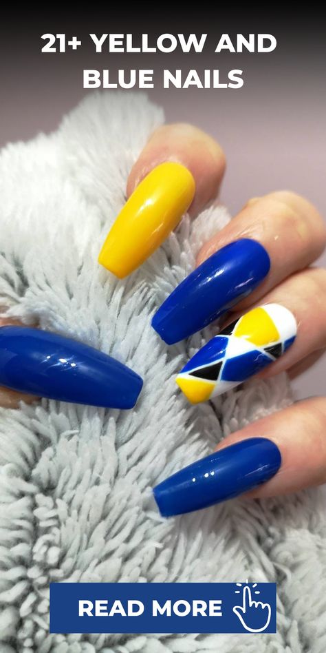 Immerse yourself in a vibrant sea of colors with our stunning yellow and blue nail collection. Whether you're drawn to bold, contrasting designs or prefer a subtle, harmonious look, our nails cater to all styles. From playful polka dots to elegant ombre gradients, our designs bring the freshness of summer to your fingertips. Embrace a flawless and trendy manicure that will surely turn heads wherever you go! Let your unique style shine through with these chic yellow and blue nails. Bright Blue And Yellow Nails, Blue Yellow Nails, Yellow And Blue Nails, Blue And Yellow Nails, Grad Nails, Trendy Manicure, Navy Blue Nails, Nail Collection, Blue Acrylic Nails