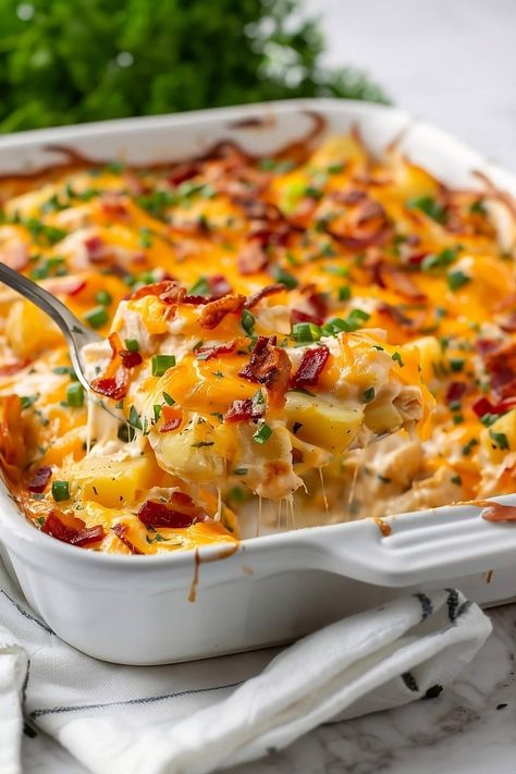 This chicken and potato casserole is creamy, comforting, and so delicious! Packed with bacon and cheddar cheese, it's impossible to resist! Chicken Cheese Casserole, Chicken And Potato Casserole, Chicken Potato Casserole, Chicken And Potato, Meatless Main Dishes, Potatoe Casserole Recipes, Pan Dinners, Recipes Casserole, Dinner Plan