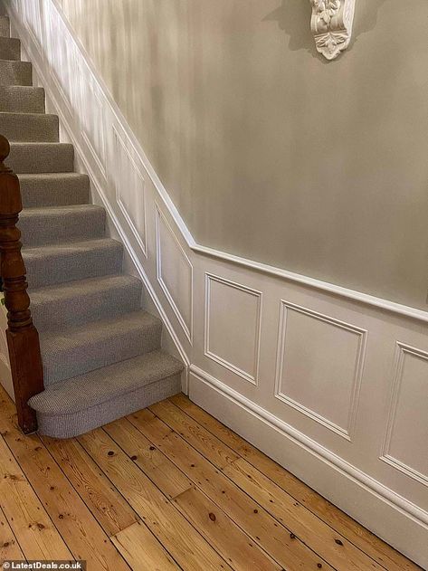 Dado Rail Hallway, Edwardian Staircase, Victorian Wall Panelling, Mdf Panelling, Edwardian Hallway, Staircase Paneling, Victorian Stairs, Hallway Panelling, Edwardian Home