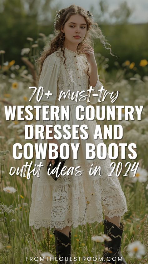 a woman wears cowboy boots and western country dress Cowboy Boots For Wedding For Women, Dresses With Cowboy Boots Fall, Boho Dresses With Cowboy Boots, Western Dresses With Boots, Long Dress With Cowboy Boots, Cowboy Boots Dress Outfit, Cowboy Boots With Dress, Western Wedding Guest Outfit, Western Wedding Guest