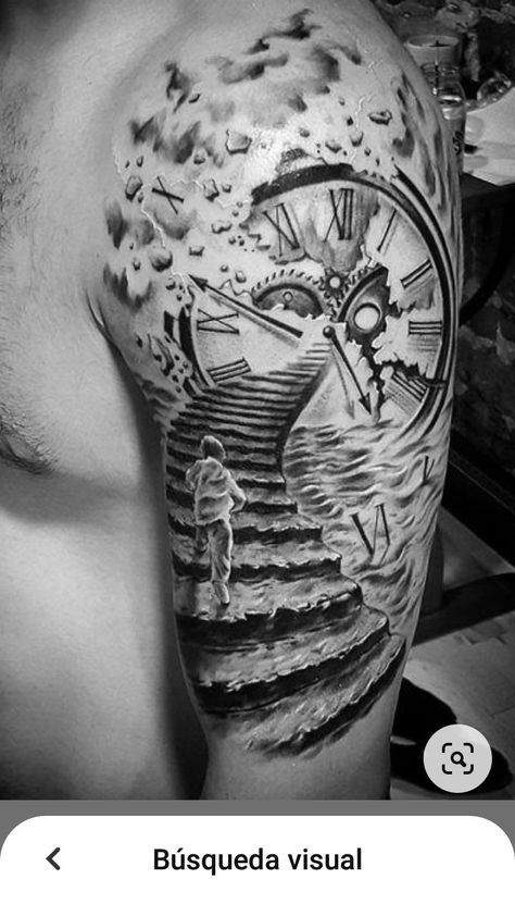 Best Sleeve Tattoos Men, Sleeve Tattoos Men, Clock Tattoo Sleeve, Montreal Tattoo, Voll Arm-tattoos, Lotusblume Tattoo, Family Tattoos For Men, Climbing Stairs, Heaven Tattoos