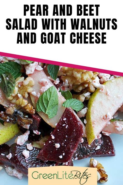 Yummy beet and pear salad with goat cheese recipe! Prepare in 15 minutes and enjoy this low-calorie healthy salad. Beet Pear Goat Cheese Salad, Beet And Pear Salad Recipes, Beets And Goat Cheese Salad, Salad With Pears And Goat Cheese, Beet And Pear Salad, Beet Goat Cheese Salad, Salad With Walnuts, Keto Veggies, Pear Salad Recipes