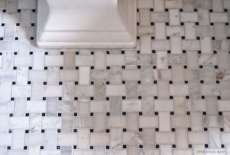 Basketweave Tile Bathroom, Attic Bathroom Ideas, Basket Weave Tile, Vintage Bathroom Tile, Bath Renovation, Attic Bathroom, Tiled Shower, One Room Challenge, Black Door