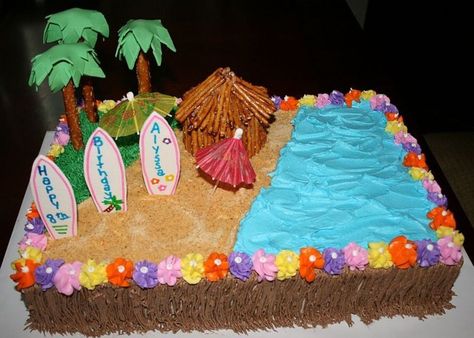 Luau Beach Cake This is a buttercream covered cake with fondant and gumpaste accents and tiki hut made of a cupcake covered with pretzels... Hawaiian Birthday Cakes, Luau Cake, Beach Birthday Cake, Pastel Rectangular, Hawaiian Cake, Pool Party Cakes, Pool Cake, Beach Cake, Luau Birthday Party