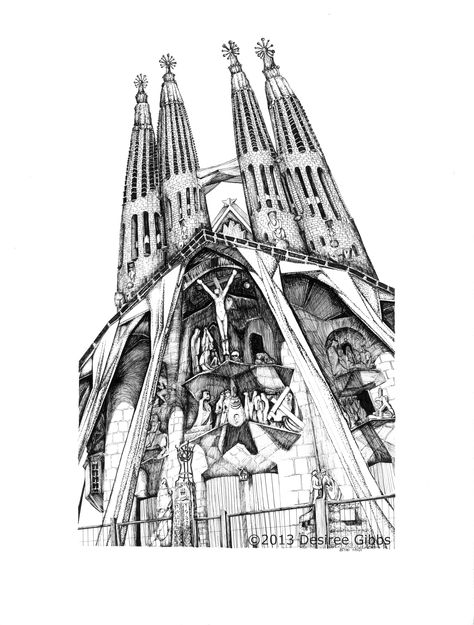 Antoni Gaudi's La Sagrada Familia, a 18x24 India Ink pen drawing by Desiree Gibbs Antoni Gaudi Drawings, Sagrada Familia Drawing, Sagrada Familia Tattoo, Barcelona Sketch, Gaudi Art, Gaudi Architecture, Wave Drawing, Gaudi Barcelona, Architecture Icons