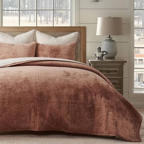 Amazon.com: EVERGRACE Luxury Velvet Quilt King Size, Ultra Soft Velvet Bedding Set, Lightweight Velvet Comforter for All Season, Wave Crushed Velvet Coverlet Oversized Bedspread with 2 Shams, Burnt Orange : Home & Kitchen Velvet Bedding, Velvet Comforter, Velvet Bedding Sets, Bed Comforter Sets, Velvet Quilt, Terracotta Clay, Velvet Bed, Elegant Drapes, Coverlet Set