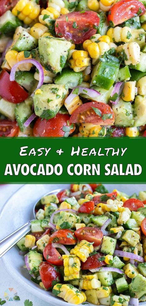 This avocado corn salad is a healthy and easy side dish perfect for your picnics and BBQs. This salad dish is made with fresh corn, chunks of avocado, cherry tomatoes, cucumbers, cilantro and lime juice for a light and refreshing taste. This salad comes together quickly for a gluten-free, vegan, and low-carb side. Grab your ingredients and add this salad to your menu today! Corn Summer Salad, Avocado Corn Salad, Healthy Picnic Foods, Picnic Side Dishes, Corn Salad Recipe, Corn Avocado Salad, Avocado Salad Recipes, Gluten Free Sides Dishes, Side Dishes For Bbq