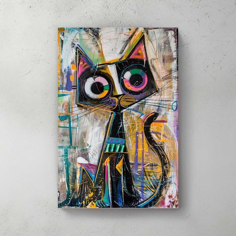 Unleash your inner cat lover with Curious Cat #1334. This unique pop art piece captures the playful spirit of a black cat in a fun and quirky way. Available in canvas or metal prints, it's the perfect addition to any cat lover's collection. Meow-tastic! Quirky Acrylic Paintings, Watercolor Pop Art, Quirky Paintings, Cat Pop Art, Modern Cat Art, Cat Abstract, Holding Pen, Contemporary Expressionism, Pop Art Cat