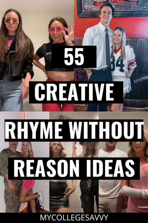 55 creative rhyme without reason ideas Costumes Beginning With R, Rhyme Without Reason, Halloween Rhymes, Halloween Costume Ideas Solo, Spirit Day Ideas, Costume Ideas Solo, Solo Halloween Costume Ideas, School Spirit Week, Homecoming Spirit Week